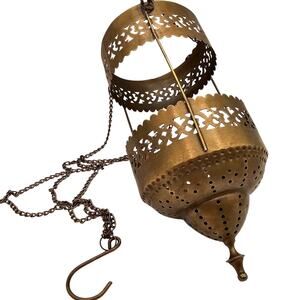 Turkish Moroccan Hanging Lantern Bronze Metal Cutout Candle Holder Vintage